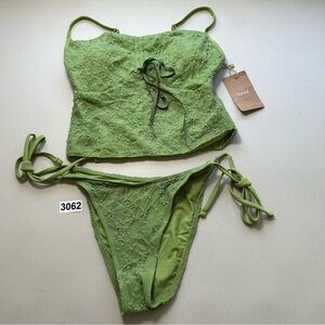 Samiol Green Lace Rucheed Floral Tankini Bikini Set Spaghetti Strap Size Small